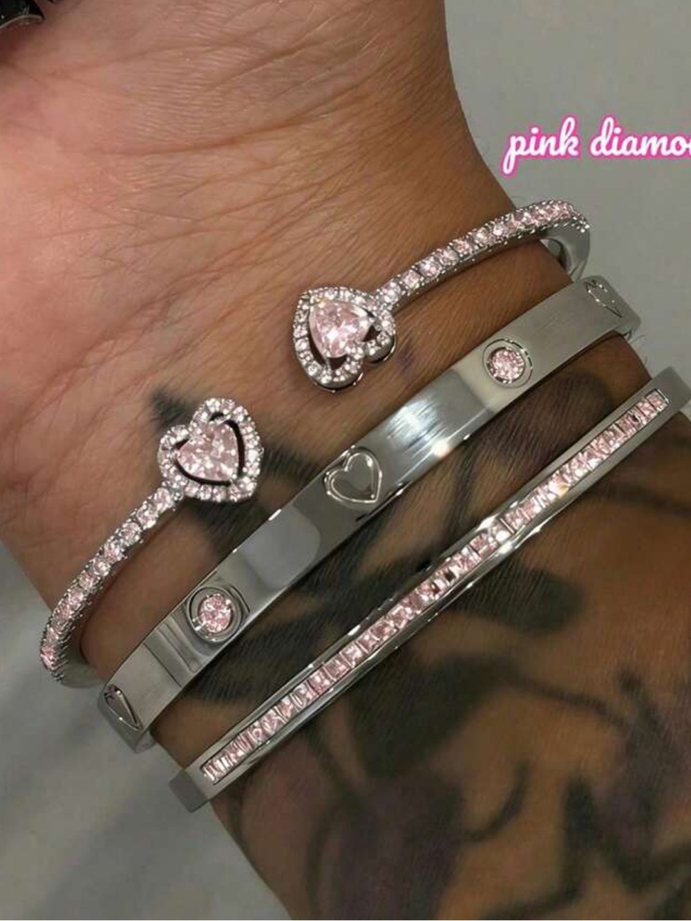Silver Tone Pink Crystal Heart Bracelet Stack - Women's Bracelet Set
